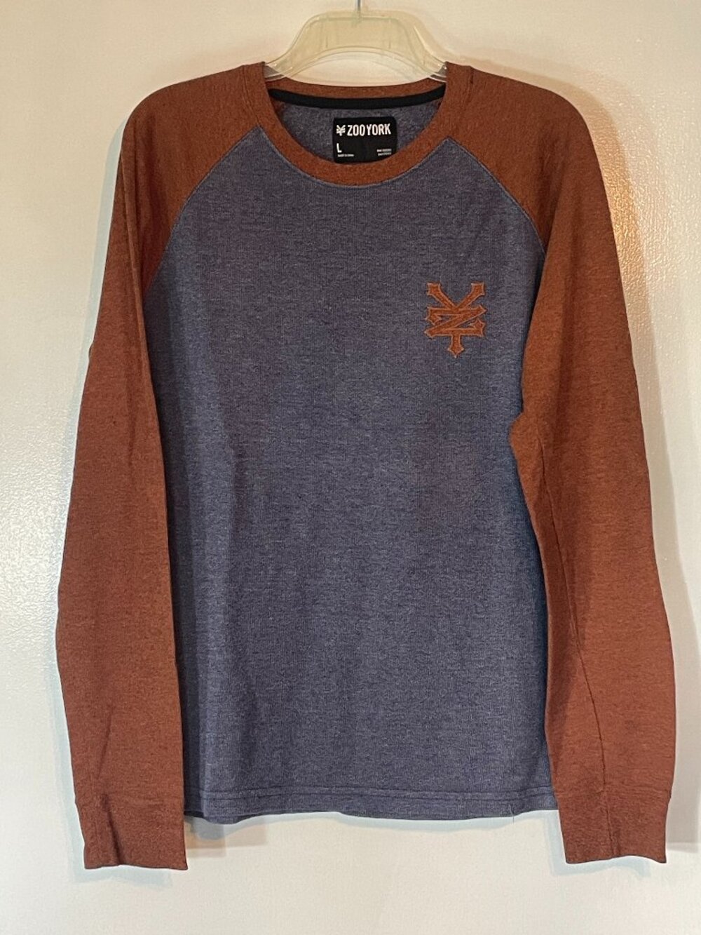 Zoo York Men’s Blue Brown Raglan Long Sleeve Shirt Size L Cotton Excellent